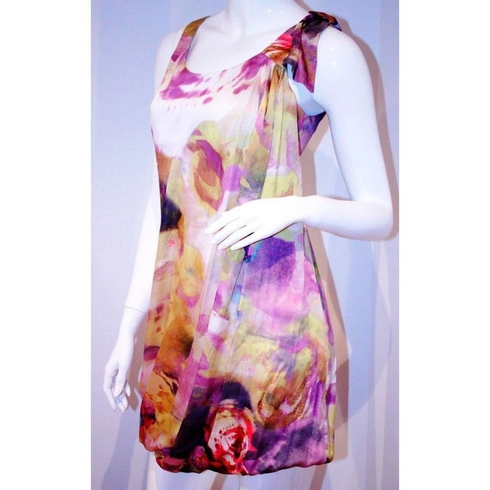 H&M  Gathered BOW Shoulder Bubble DRESS Sleeveless PURLE Yellow FLORALS 2 / 32